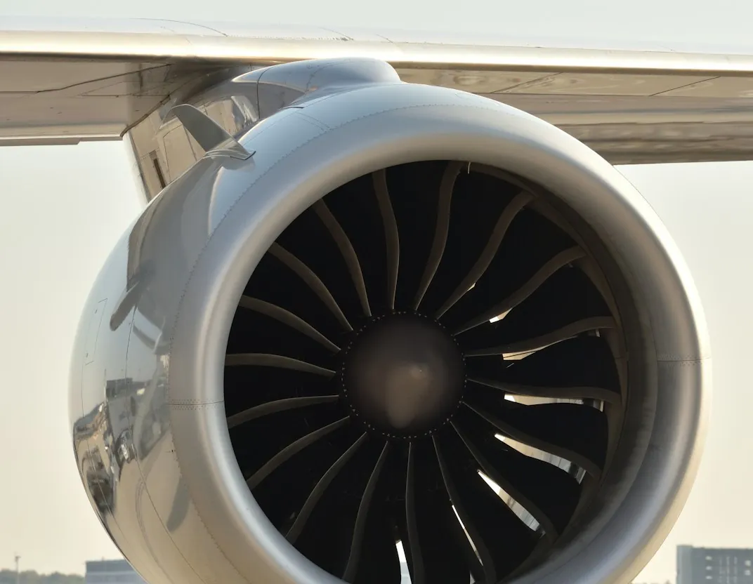 Close-up of a commercial aircraft turbofan engine on the apron